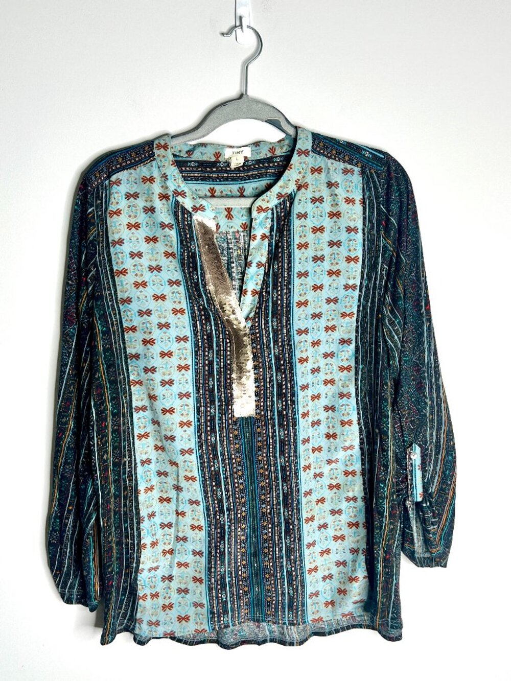 Anthropologie Tiny Devas Aztec Printed Sequin Peasant Top Bohemian Flowy Sz L
